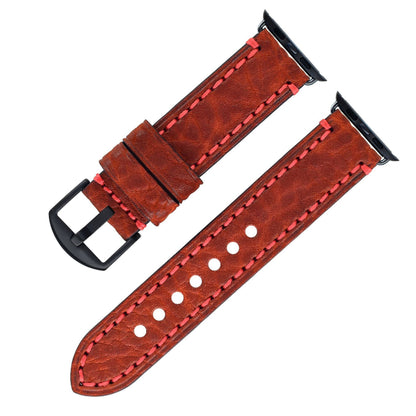 Brown leather watch strap with red stitching on a white background