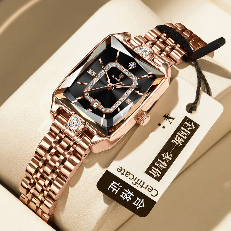 Women's waterproof quartz watch with rose-gold metal bracelet and black jeweled square dial