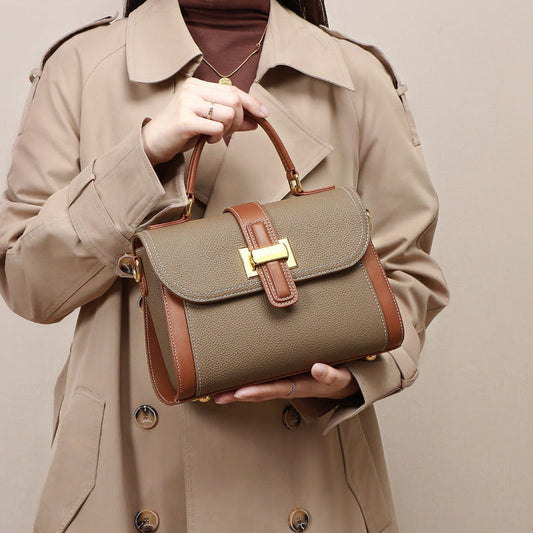 Women’s leather handbag satchel with flap, camel body, contrast brown straps, gold clasp
