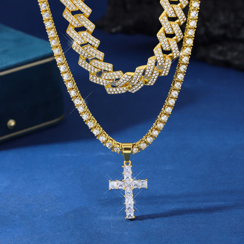 Gold zircon cross pendant necklace with double-row tennis links and centered cross pendant