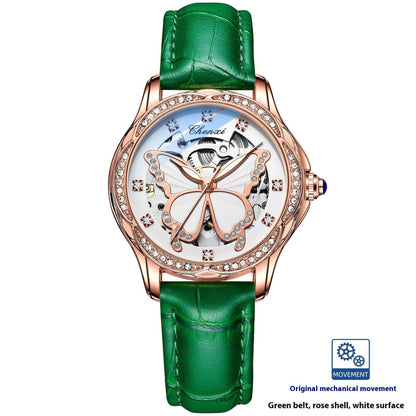 Watch with green leather strap and rose gold casing. YAXSO UAE ONLINE STORE