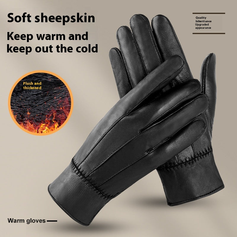 Black leather gloves with text highlighting soft sheepskin and warmth, on a beige background.