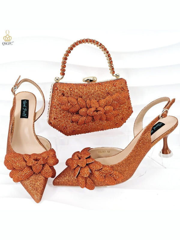 Orange red glitter rhinestone heeled shoes with matching beaded handbag and flower bows