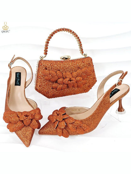 Orange red glitter rhinestone heeled shoes with matching beaded handbag and flower bows