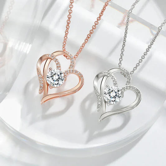 Rose and white gold double heart pendant necklaces with round crystal stones