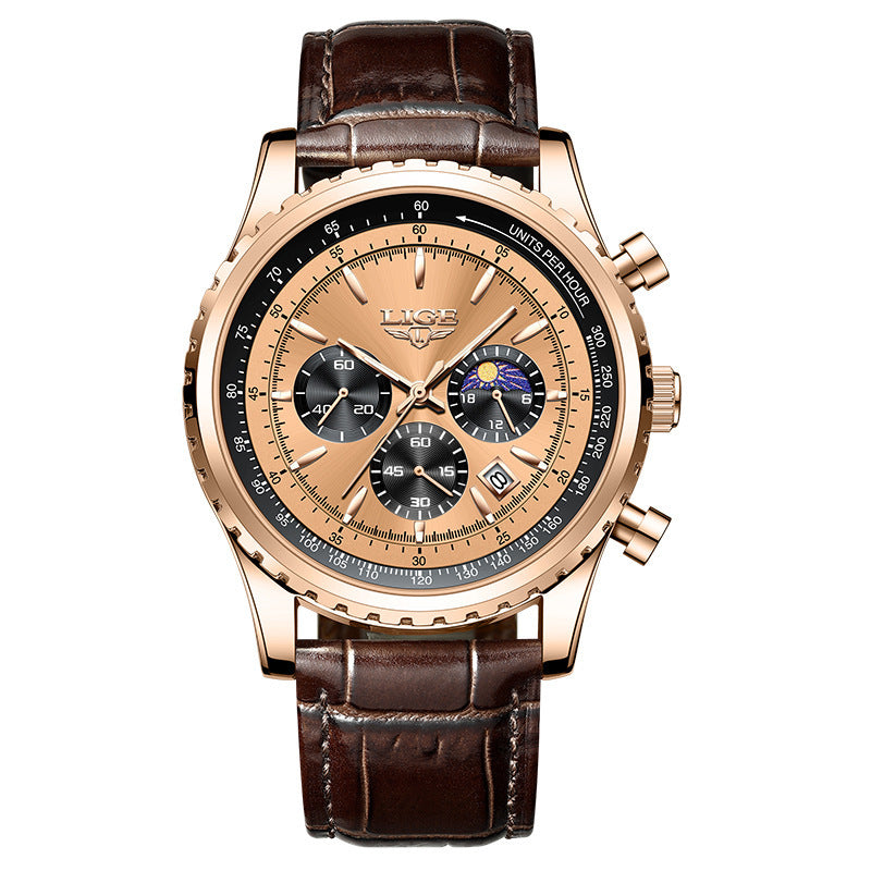 Luxury watch with brown leather strap and rose gold casing on white background