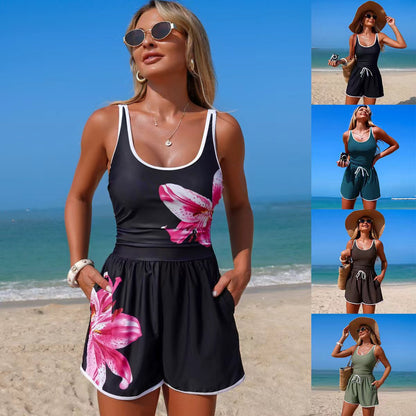 Woman in a black floral dress on a beach with multiple views.