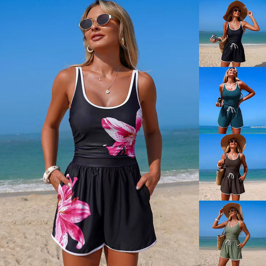 Woman in a black floral dress on a beach with multiple views.