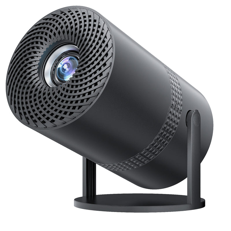 Black portable phone projector with front lens and cooling grille