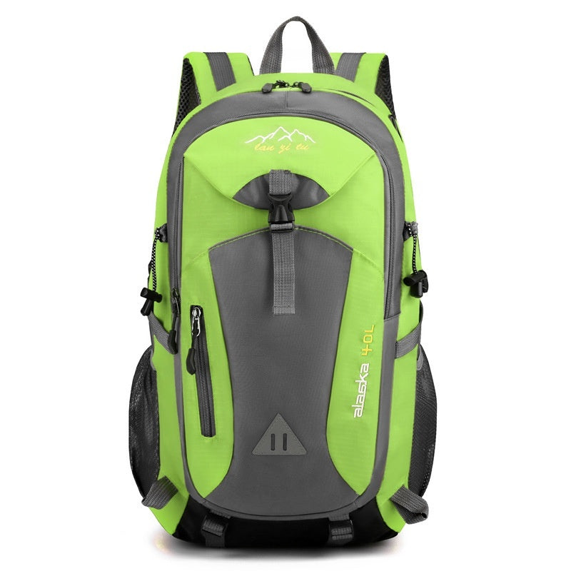 Green and gray backpack on a white background