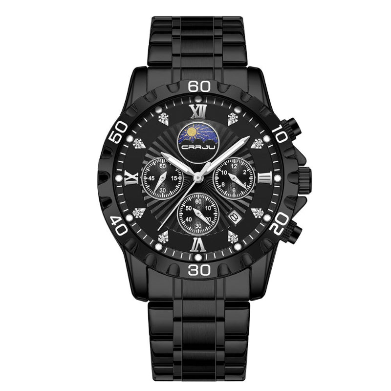 Black wristwatch with detailed face on a white background
