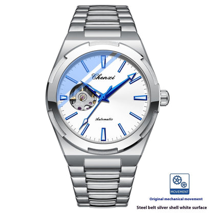 Silver watch with blue accents on a white background