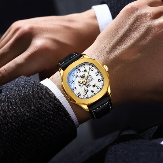 Men's square mechanical watch with gold case and black leather strap, white dial
