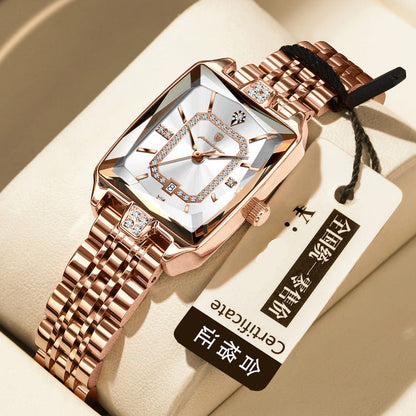 Women's waterproof quartz watch with rose-gold metal bracelet and silver-white jeweled square dial