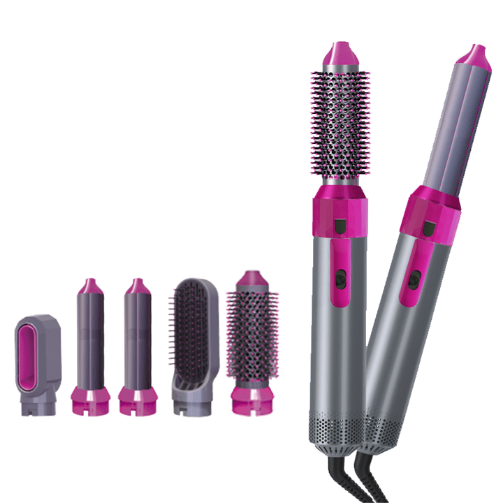 5-in-1 hot air brush with gray and magenta styling attachments and brush heads