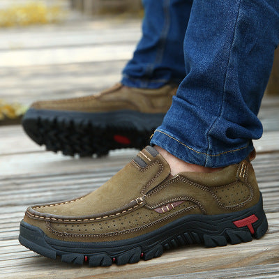 Men's khaki leather slip-on outdoor shoes, perforated details and grippy treaded outsole