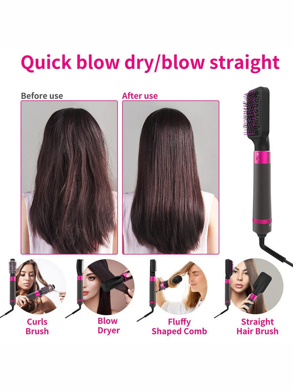 Hair dryer brush on straight and curly style results, with grey handle and pink control band.