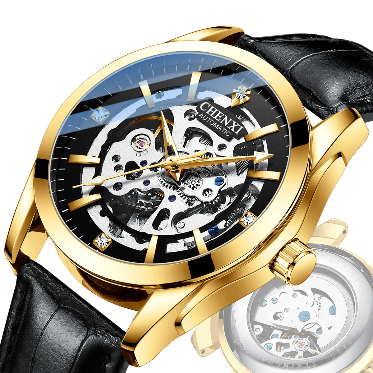Close-up mechanical watch with black leather strap, gold case, skeleton movement dial.