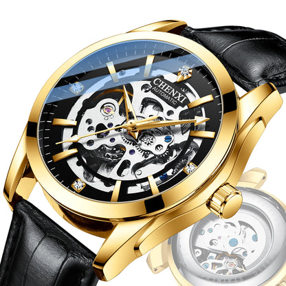 Close-up mechanical watch with black leather strap, gold case, skeleton movement dial.