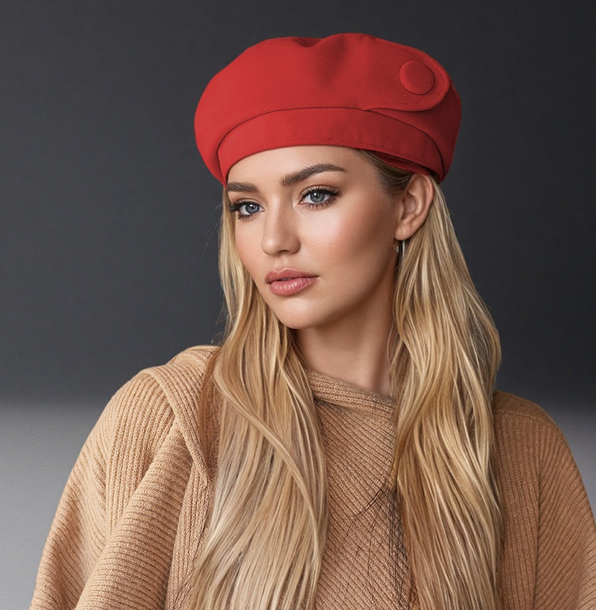 Red satin button beret with side button detail and curved brim.