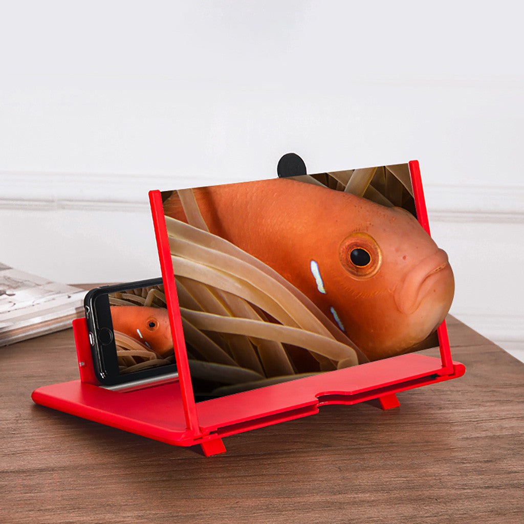 Red 3D mobile screen magnifier stand with clear viewing panel and phone holder