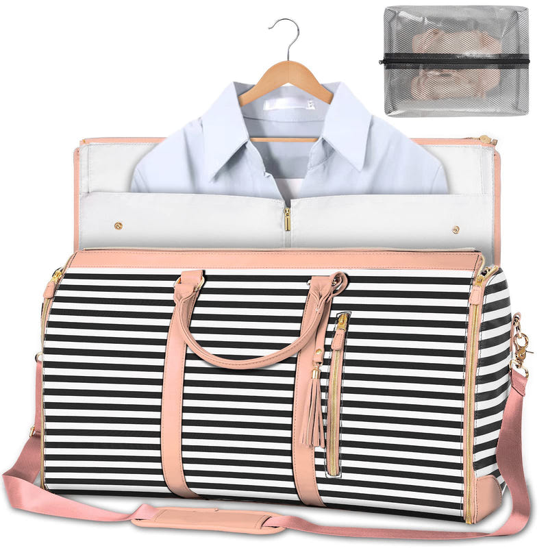Large capacity travel duffle bag, black-and-white striped with light pink trim, open interior