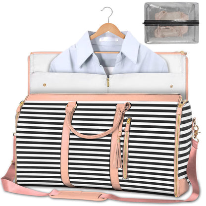Large capacity travel duffle bag, black-and-white striped with light pink trim, open interior