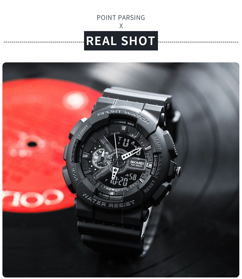 Black wristwatch with digital and analog display on a blurred background
