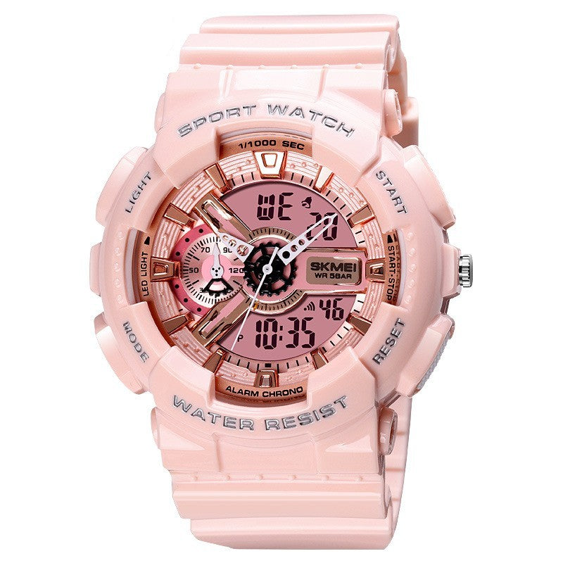 Pink sports watch with digital and analog display on a white background