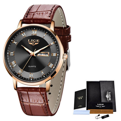 LIGE watch with brown leather strap and black dial on a white background