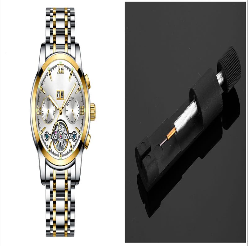 Two-tone mechanical watch with white dial and metal link bracelet