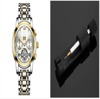 Two-tone mechanical watch with white dial and metal link bracelet