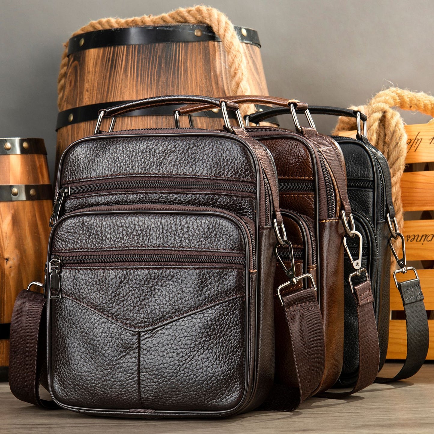 Men's genuine leather crossbody bag set, multiple colors with front zippers and shoulder straps