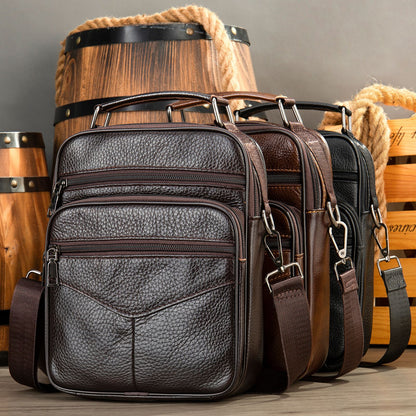 Men's genuine leather crossbody bag set, multiple colors with front zippers and shoulder straps
