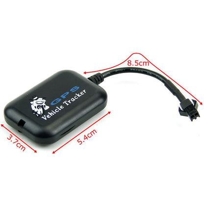 Black GPS vehicle tracker with size labels (8.5x5.4x3.7 cm)