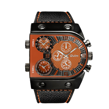 Wristwatch with black case and brown leather strap on a white background