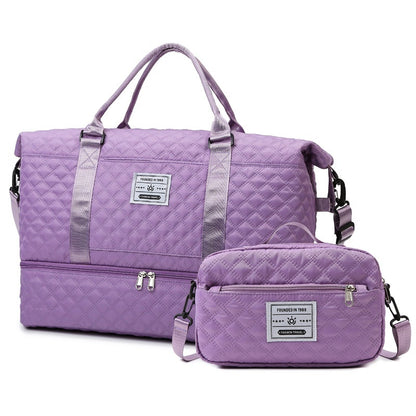 Lavender quilted travel bag with front zip and matching crossbody pouch