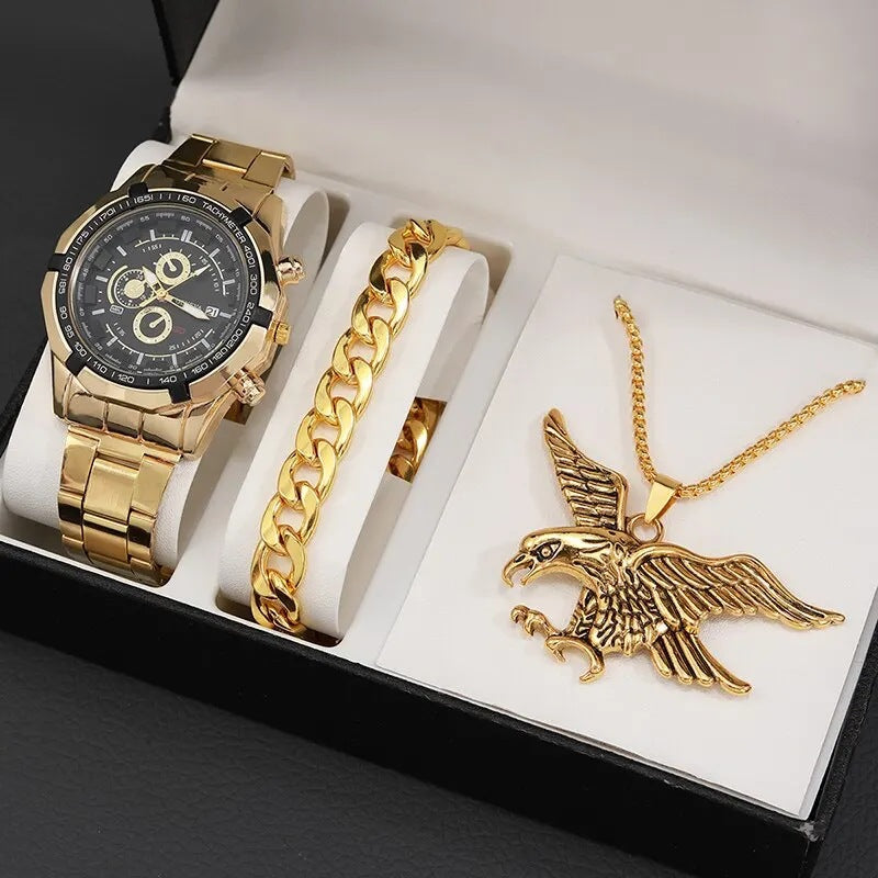 Gold watch, bracelet, and necklace set on a white background