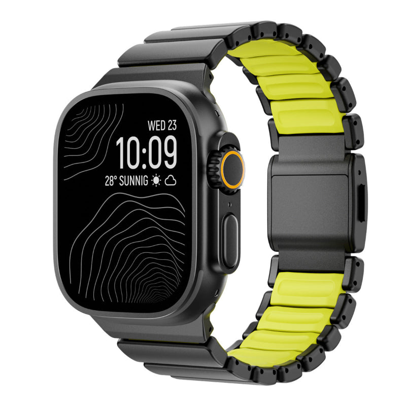 Magnetic smartwatch strap with dark metal links and neon green silicone segments