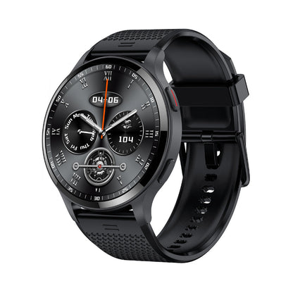 Black smartwatch with detailed face on a white background