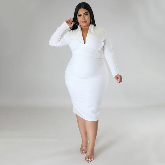 Solid Color Long Sleeve V-Neck Dress