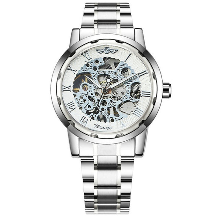 Silver wristwatch with mechanical design on a white background