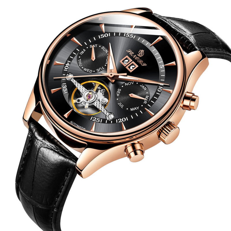Men's waterproof skeleton mechanical watch with black leather strap, rose-gold case, black dial