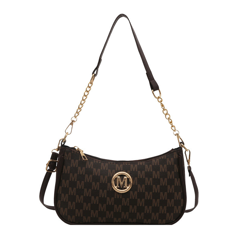 Women’s dark brown monogram shoulder pouch bag with gold chain strap and side buckles