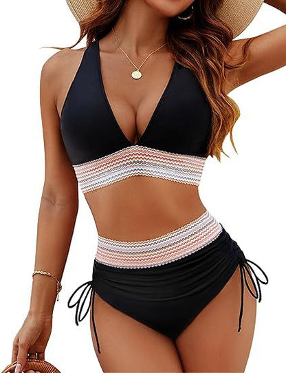 Black and white striped swimsuit with a hat on a white background