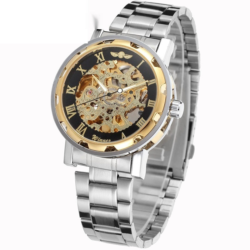 Silver and gold watch with a detailed face on a white background