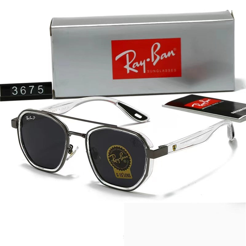 Ray-Ban sunglasses with clear frame and black lenses, accompanied by the Ray-Ban box.