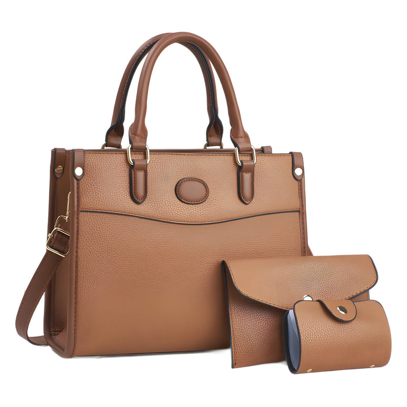Three-piece shoulder bag set in tan with brown trim: structured tote plus two pouches