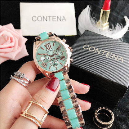 Ladies quartz watch with rose-gold tone case, mint-green Roman-numeral dial, turquoise strap