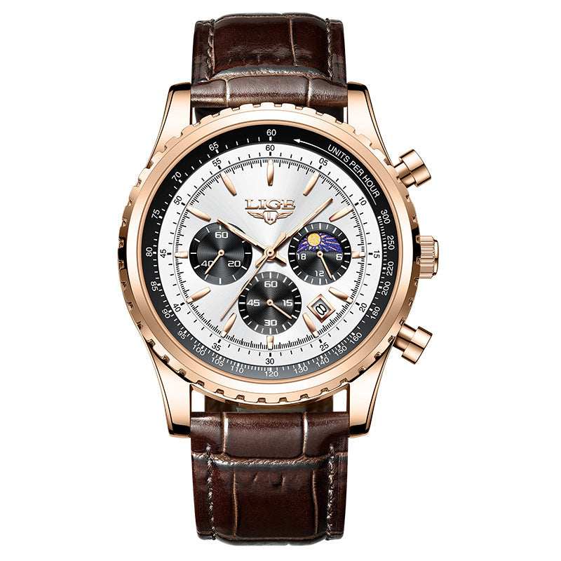 Luxury watch with brown leather strap and rose gold casing on white background